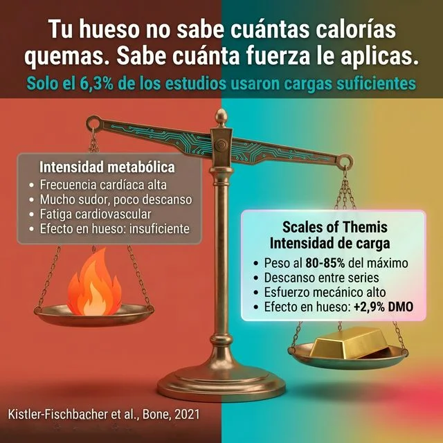 Infografía comparativa de intensidad metabólica vs intensidad de carga: el hueso responde a la fuerza mecánica, no a las calorías quemadas