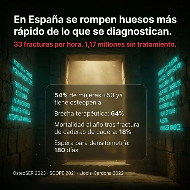 Infografía con datos de osteoporosis en España: 54% de mujeres mayores de 50 con osteopenia, 33 fracturas por hora, 1,17 millones sin tratamiento