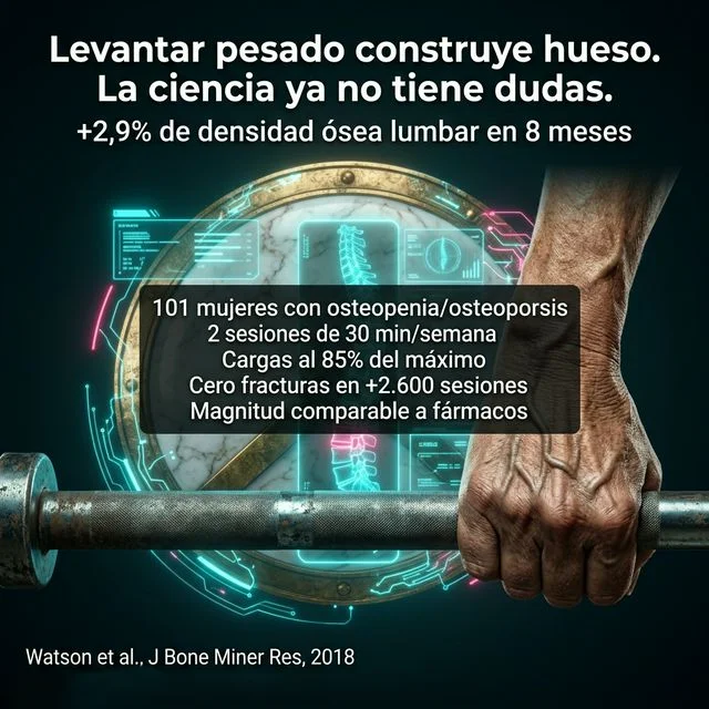 Infografía del ensayo LIFTMOR: +2,9% de densidad ósea lumbar en 8 meses con entrenamiento de fuerza de alta carga en mujeres con osteopenia