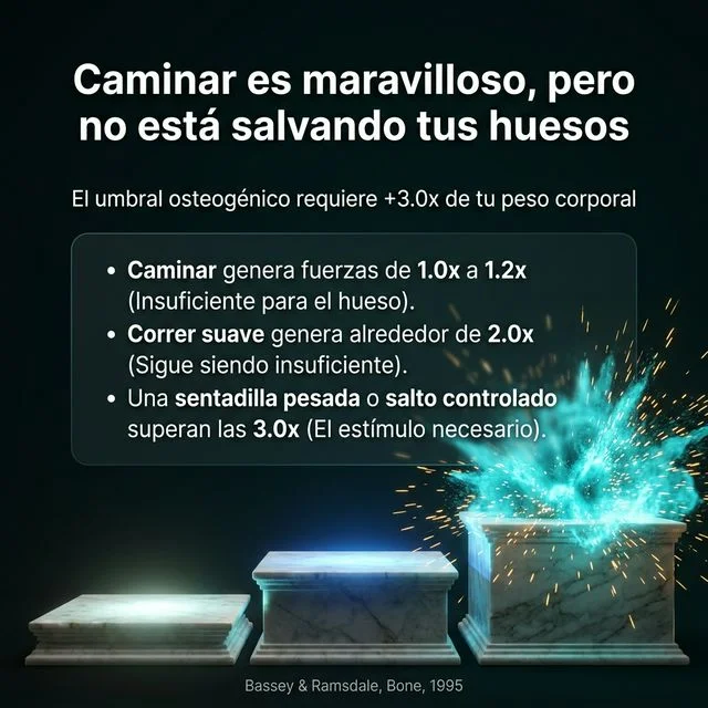 Infografía sobre mecanotransducción ósea: el umbral osteogénico requiere fuerzas de al menos 3 veces el peso corporal, caminar genera solo 1,0-1,2 veces