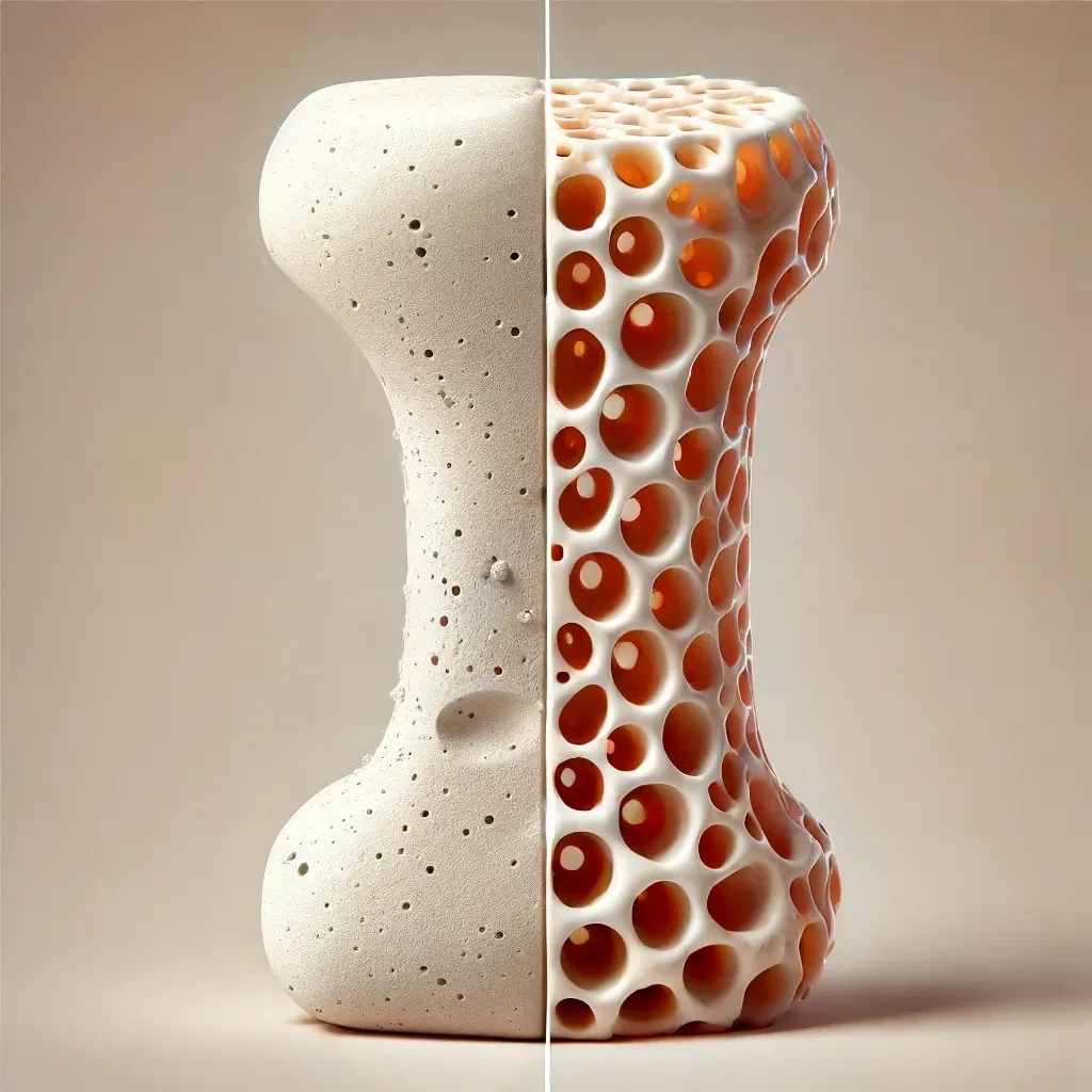 Comparación visual de hueso sano (izquierda, denso y compacto) frente a hueso con osteoporosis (derecha, poroso y debilitado)
